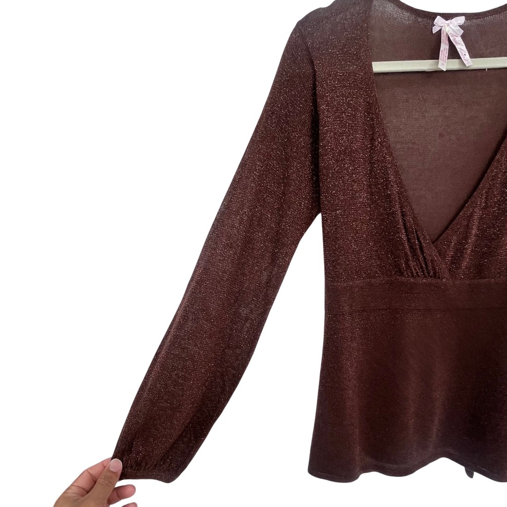 Y2K Derek Heart Plus Wrap Top Womens 1X Brown Metallic Empire Waist Bubble Slv - Picture 2 of 10